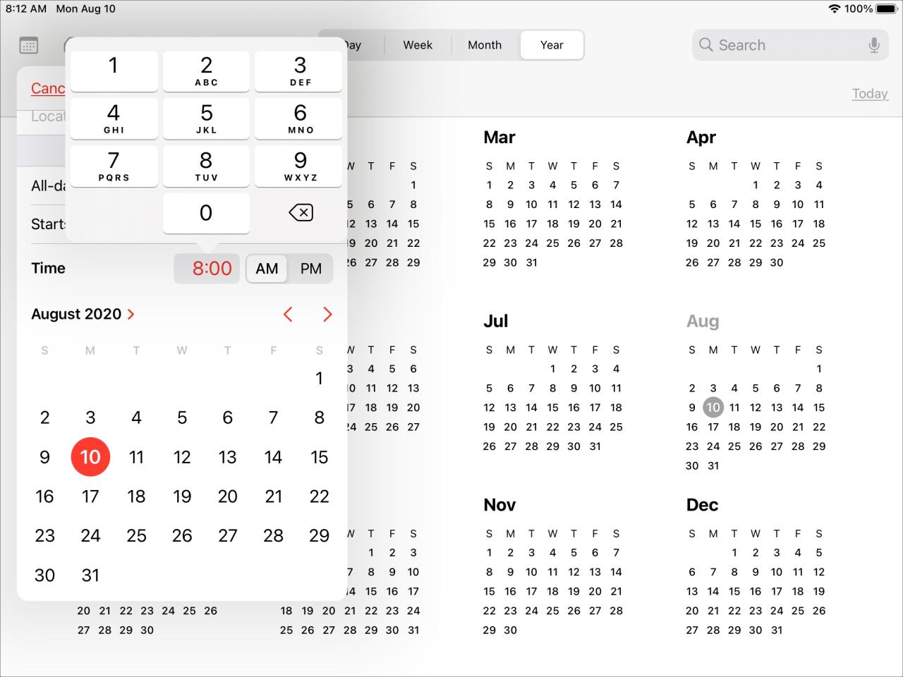 Calendario de selector de tiempo mejorado iPad
