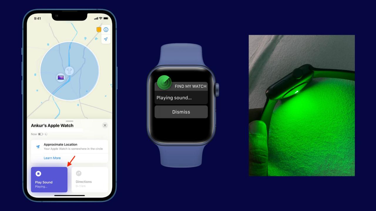 Luz verde parpadeando en Apple Watch mientras reproduce sonido a través de Find My