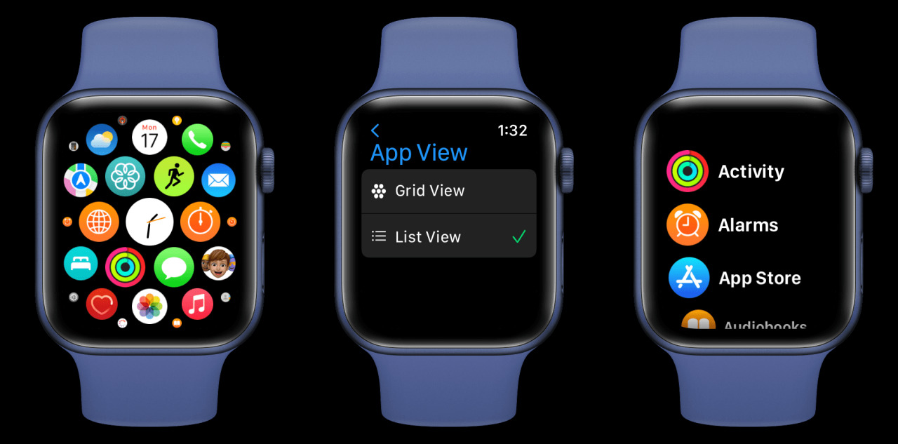 Vista de cuadrícula y Vista de lista para aplicaciones en Apple Watch