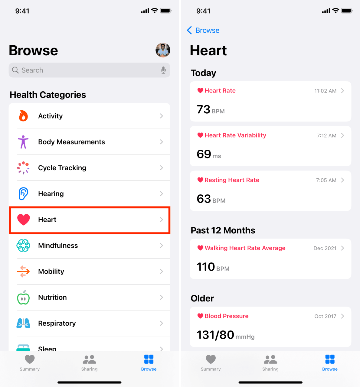 Datos de frecuencia cardíaca en la aplicación iPhone Health