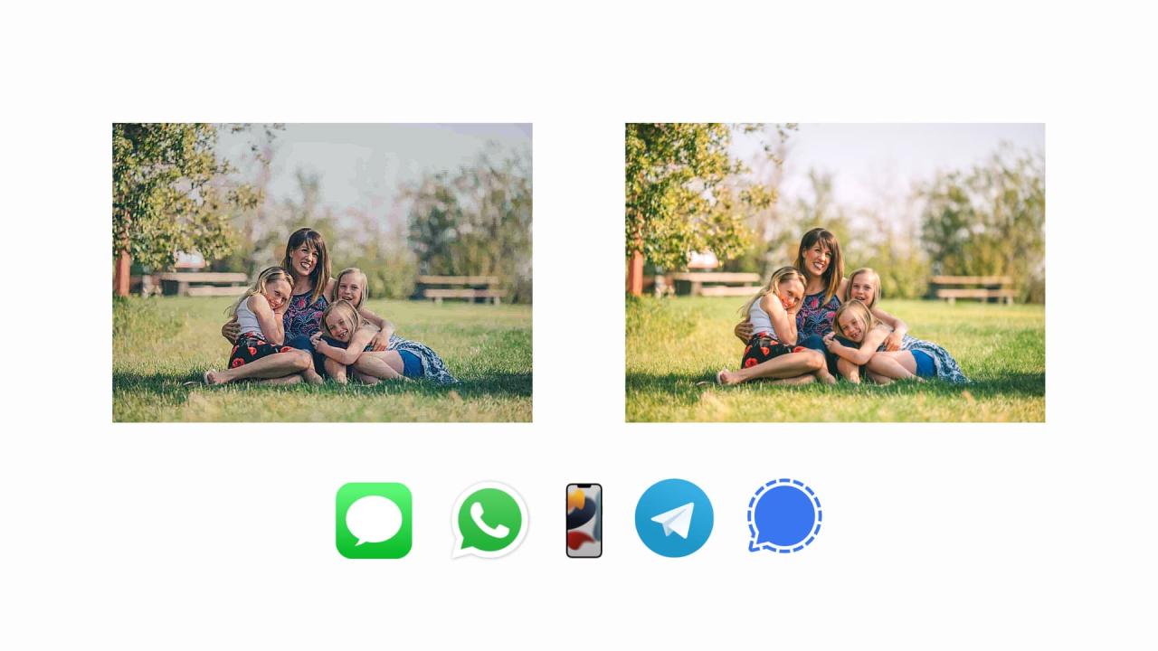 La misma imagen familiar en alta y baja calidad con íconos de iMessage, WhatsApp, Telegram, Signal y iPhone en un fondo claro