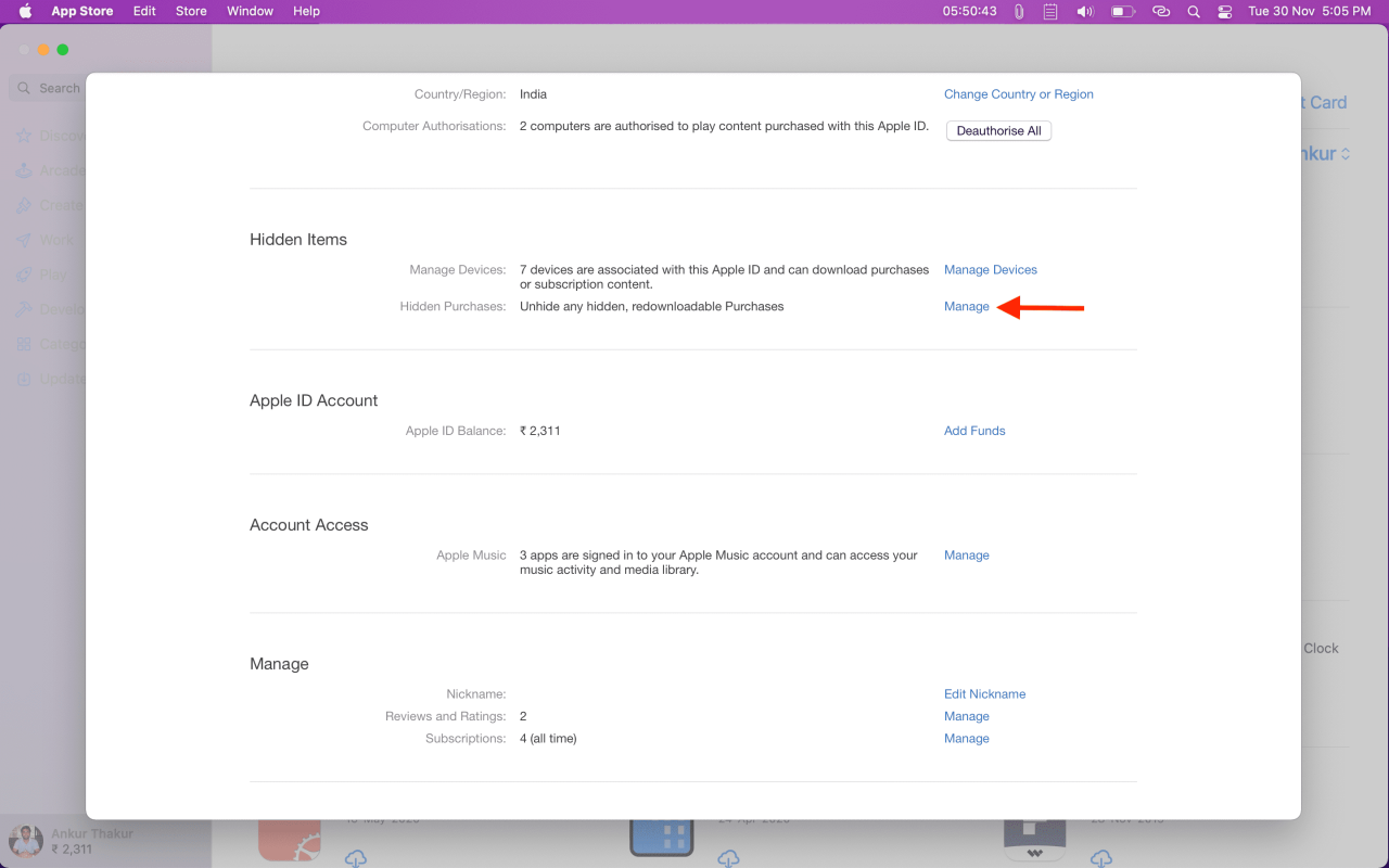 Administrar elementos ocultos en Mac App Store