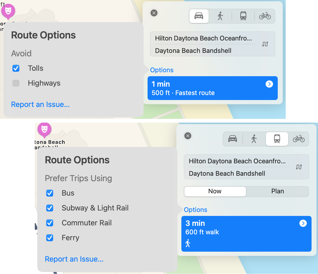 Opciones de ruta de Maps en Mac