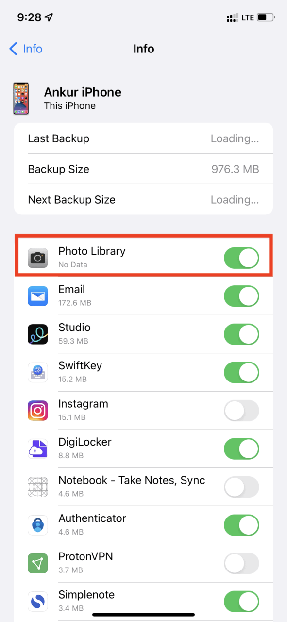 Biblioteca de fotos habilitada en la configuración de copia de seguridad de iCloud