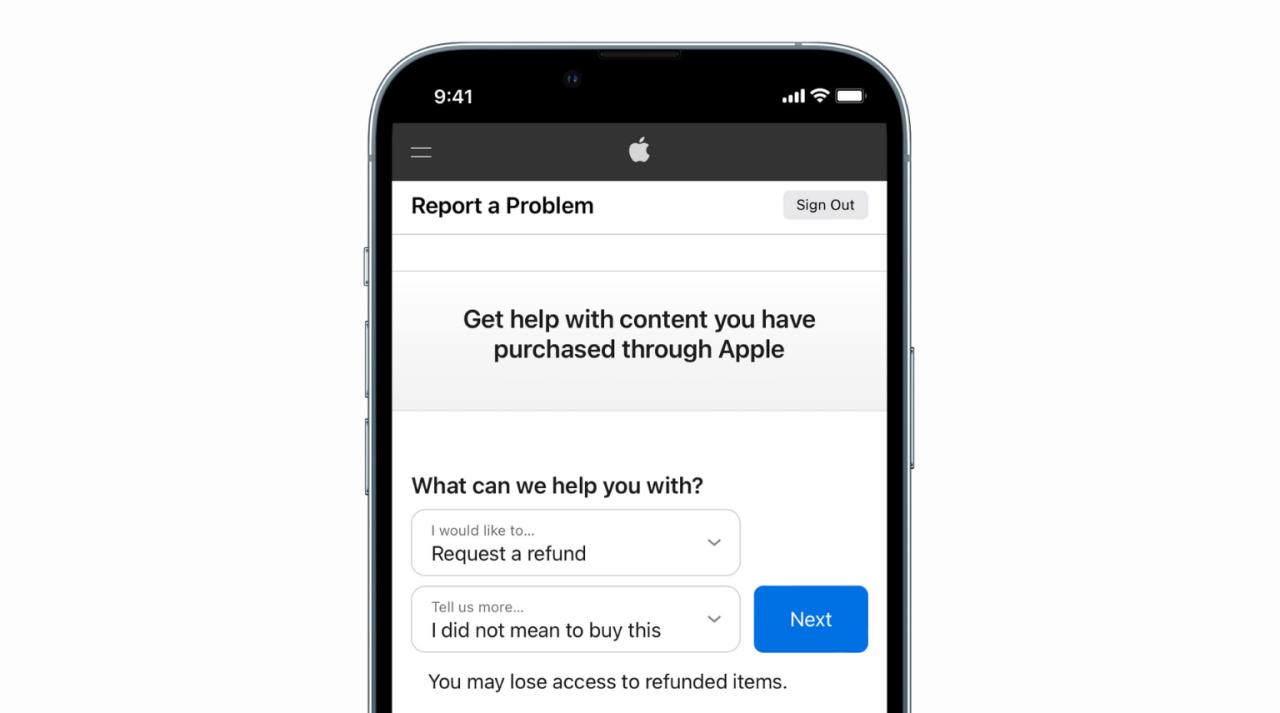 Pantalla Informar un problema en el iPhone para solicitar un reembolso a Apple