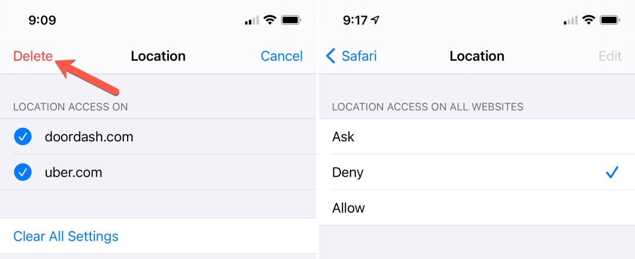 Configuración de Safari para la ubicación de todos los sitios web en iPhone