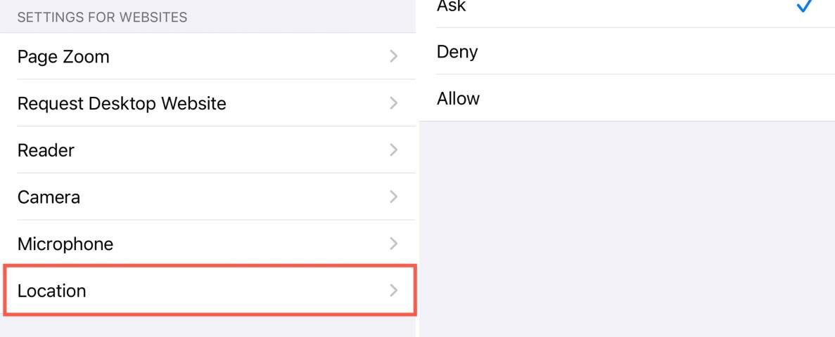 Configuración de Safari para la ubicación de sitios web en iPhone