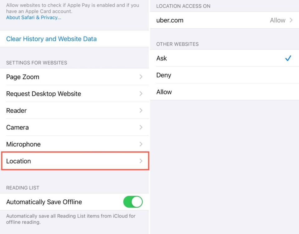 Configuración de Safari para la ubicación de sitios web en iPhone