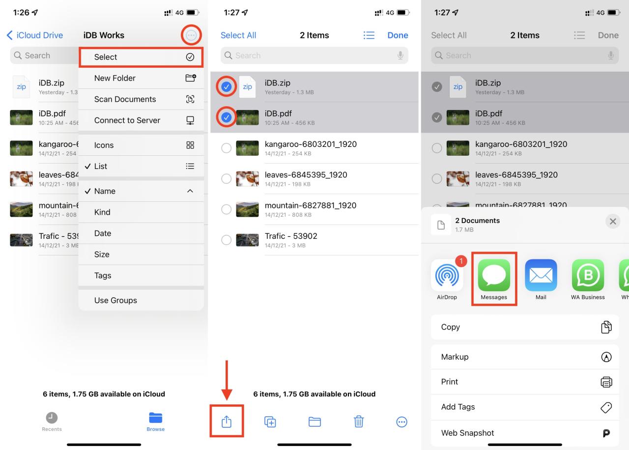 Seleccione PDF, ZIP y otros archivos en la aplicación Archivos de iPhone para enviar en iMessage