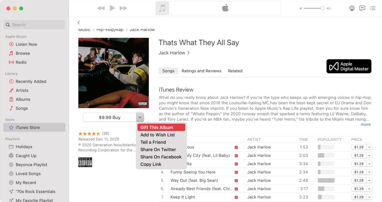 Enviar regalo desde música con iTunes Mac