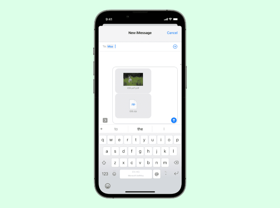 Pantalla de iPhone iMessage que muestra el envío de un archivo PDF y ZIP