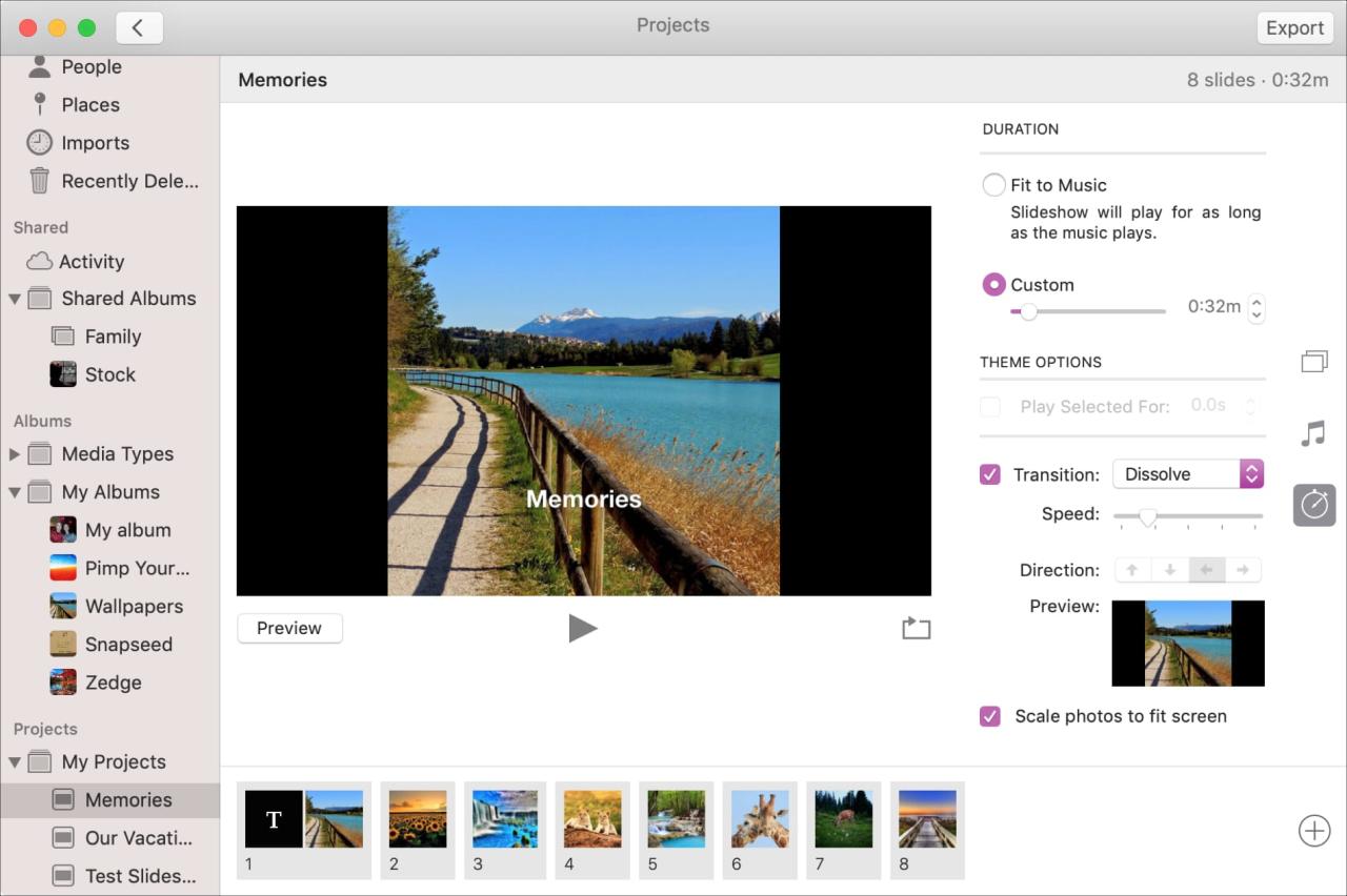 Duración de la presentación de diapositivas en Fotos en Mac