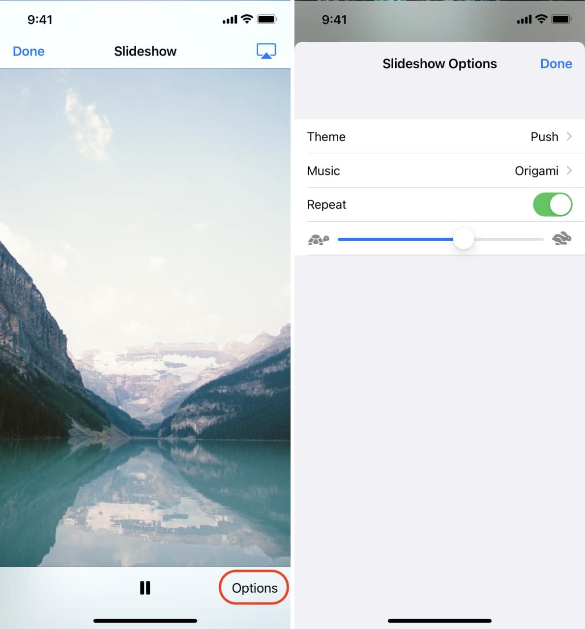 Opciones de presentación de diapositivas en la aplicación iPhone Photos