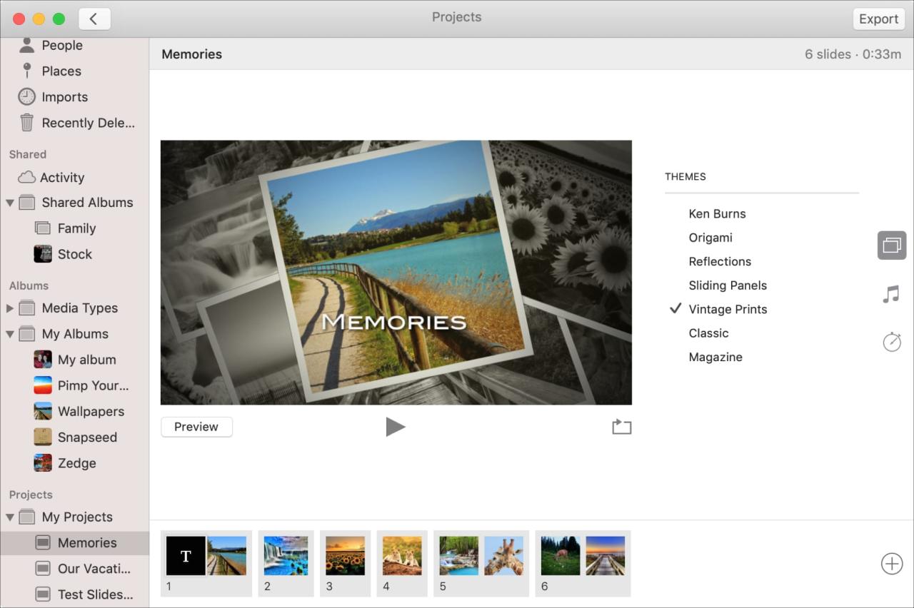 Tema de presentación de diapositivas en Fotos en la Mac