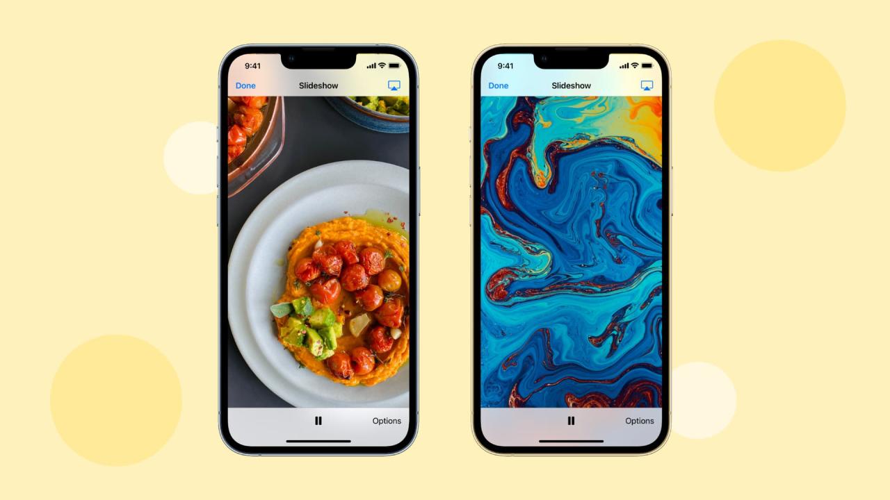 Dos iPhones que muestran una presentación de diapositivas en curso de imágenes