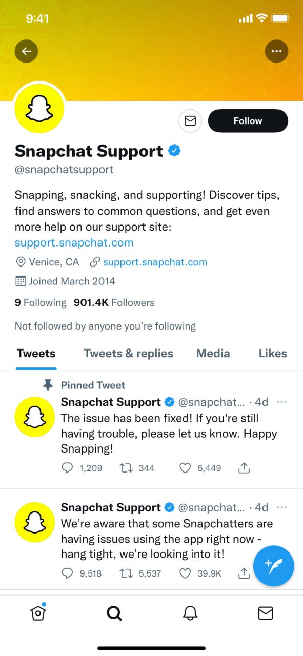 Cuenta de soporte de Twitter de Snapchat