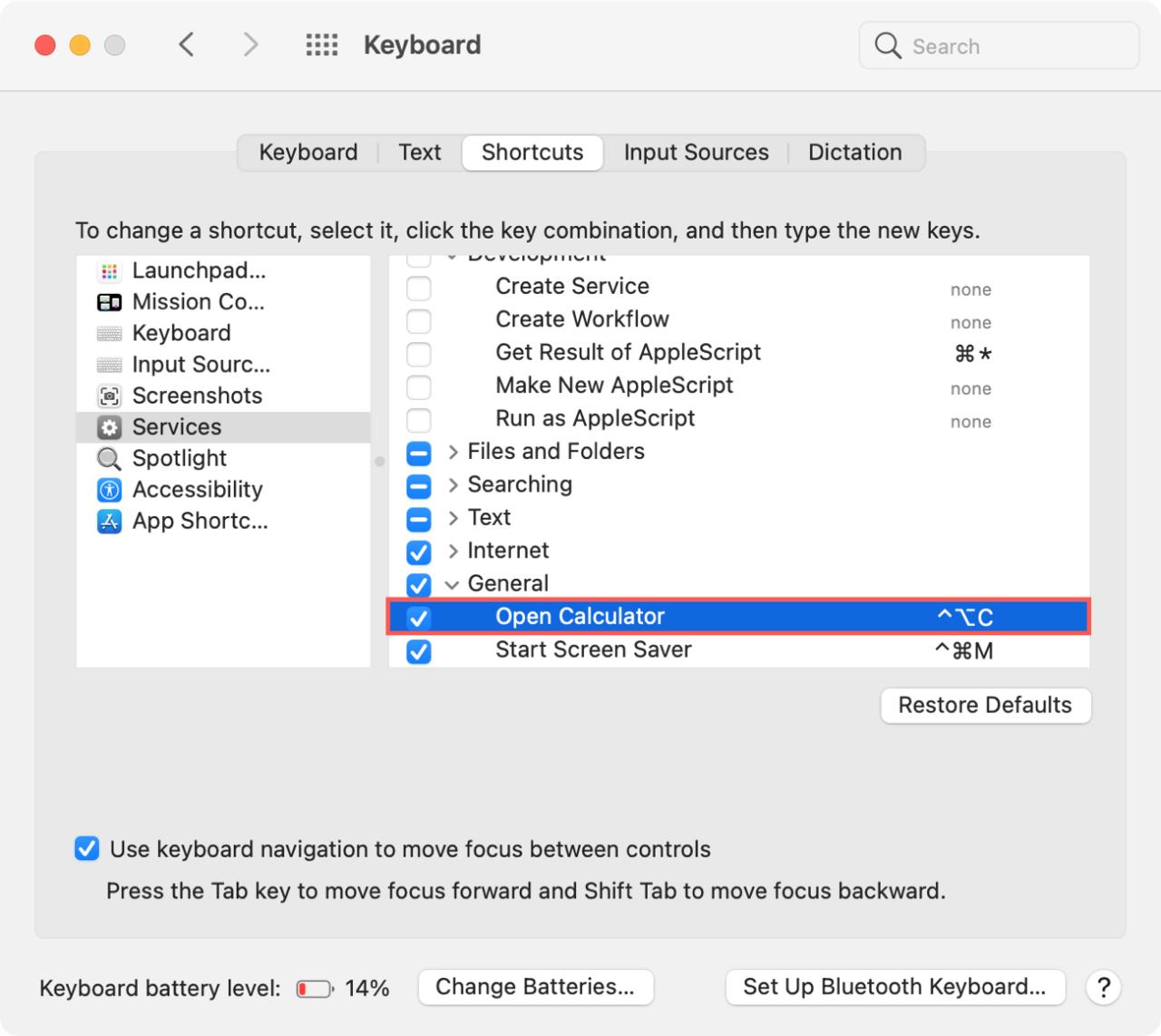 Preferencias del sistema Servicios Abrir acceso directo a la calculadora