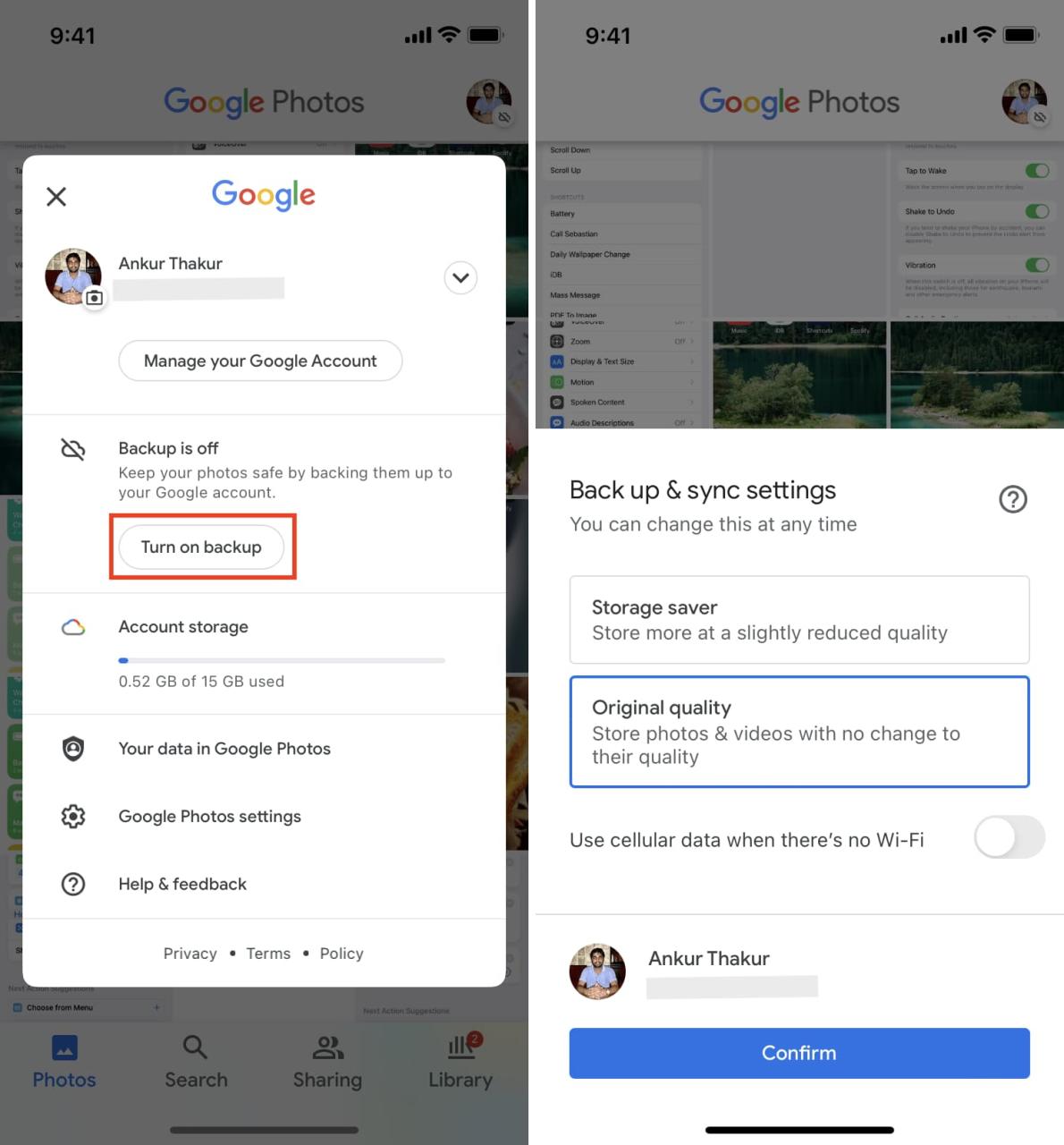 Activar copia de seguridad en Google Photos en iPhone