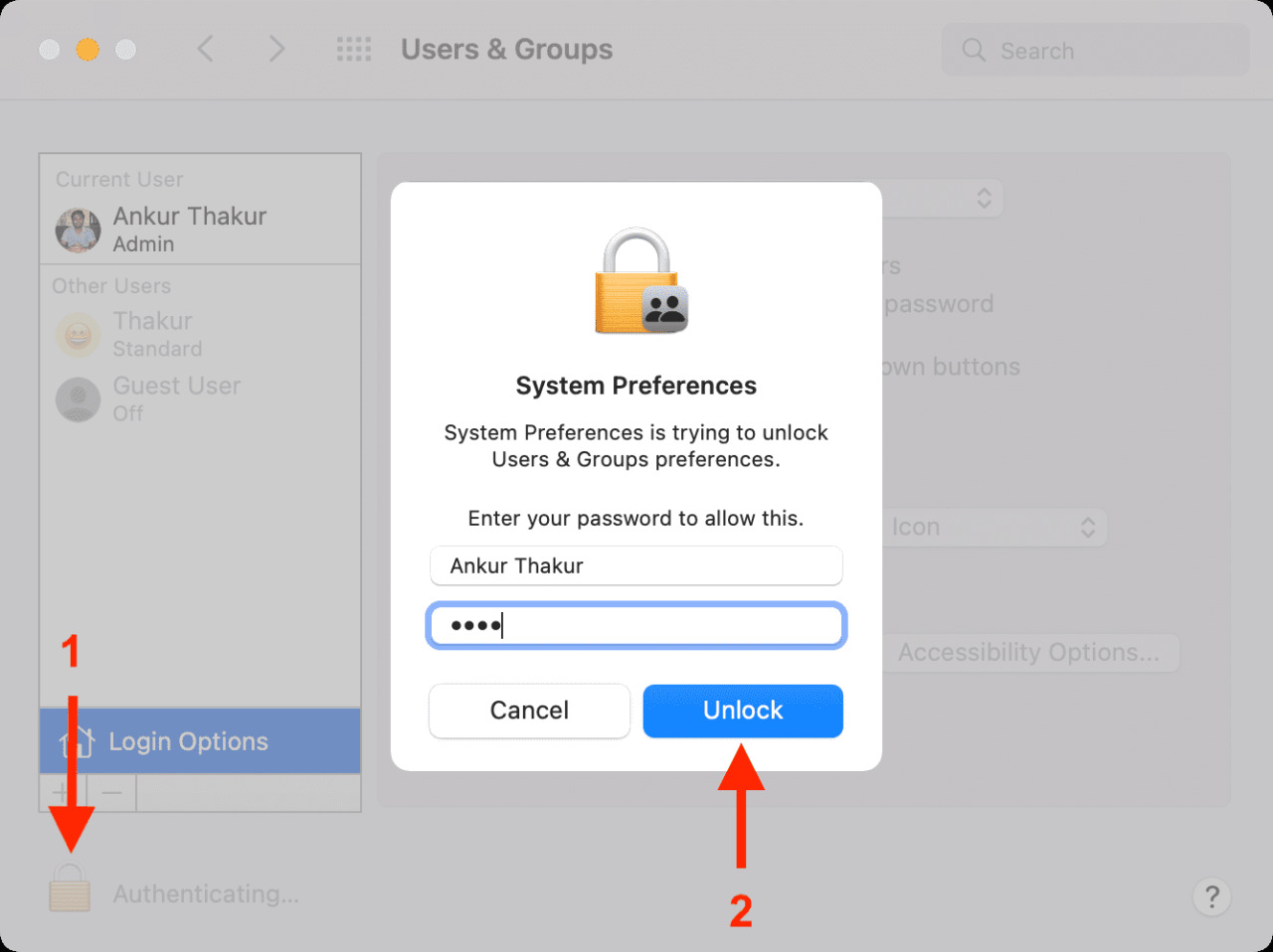 Desbloquear preferencias de usuarios y grupos en Mac