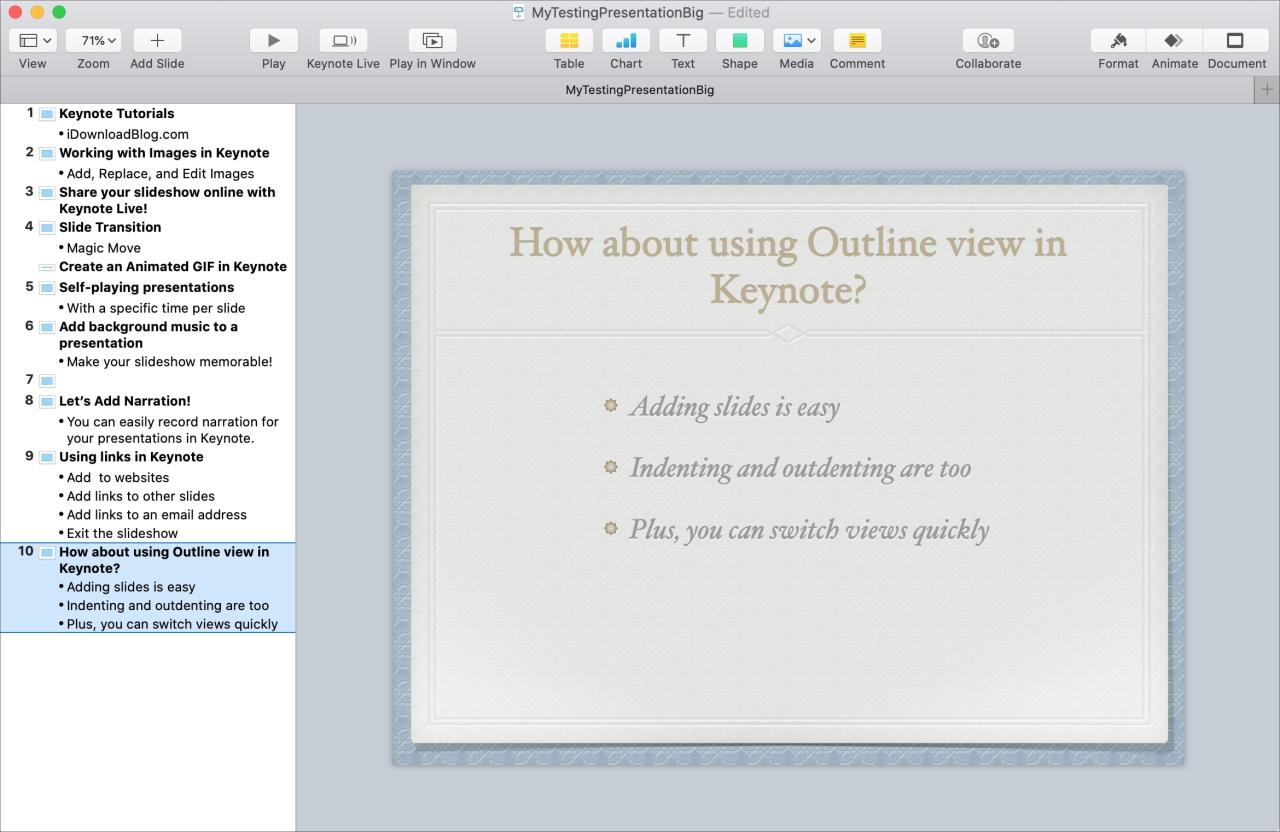 Usar vista de esquema en Keynote en la Mac