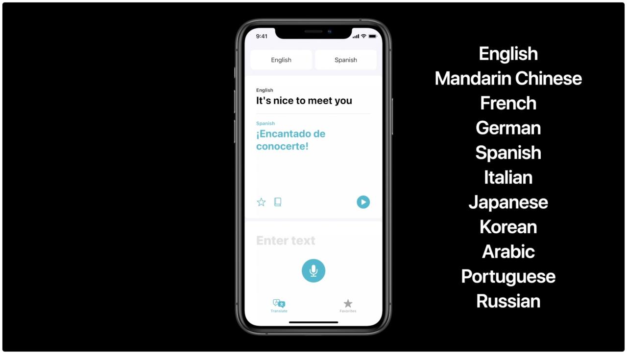 Traducir iPhone: una diapositiva de la WWDC 2020 que muestra los idiomas admitidos en la aplicación Traducir