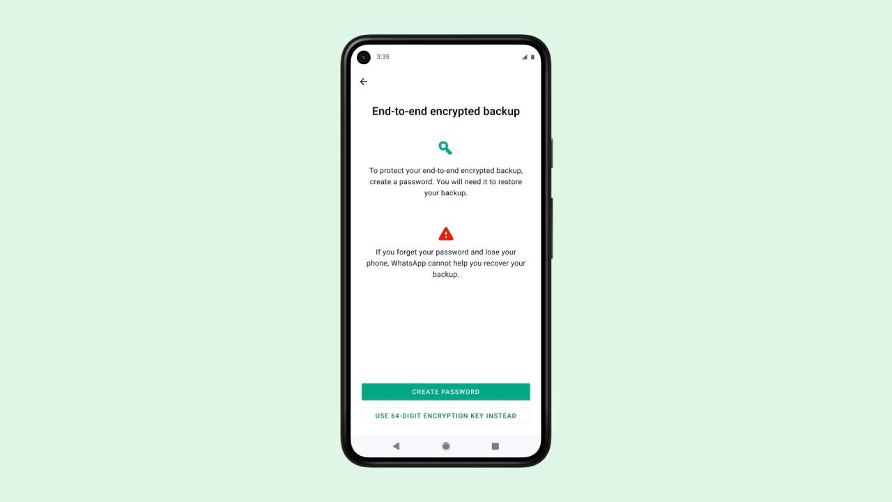 Imagen promocional de Meta que muestra una captura de pantalla del dispositivo Android contra un fondo verde claro sólido, con el dispositivo mostrando una pantalla de inicio en WhatsApp para copias de seguridad cifradas de extremo a extremo