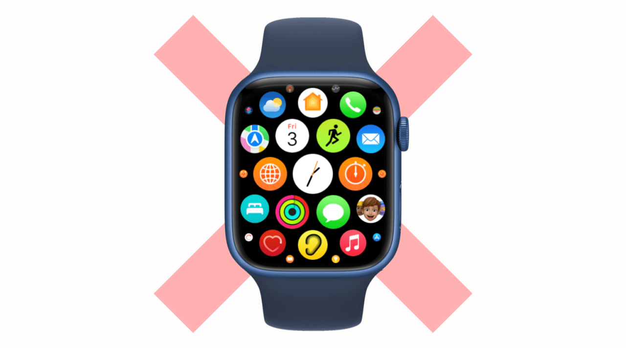 Apple Watch con muchas aplicaciones sobre un fondo gris claro con una cruz roja tenue