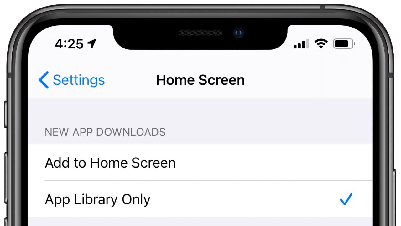 Descargas de aplicaciones de iPhone: configuración de la pantalla de inicio de la biblioteca de aplicaciones con la opción Solo biblioteca de aplicaciones seleccionada