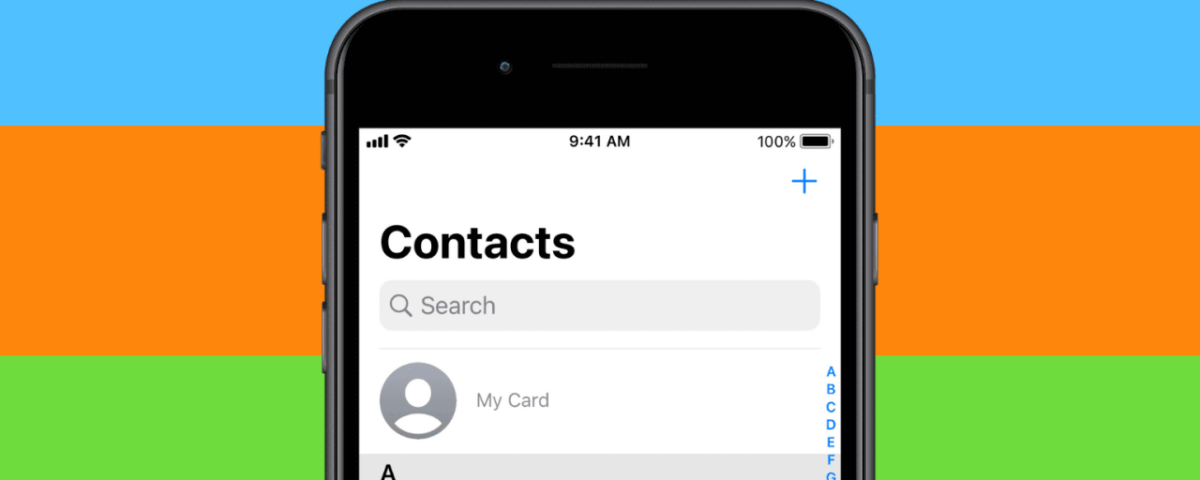 Aplicación de contactos de iPhone que muestra la sección Mi tarjeta vacía sobre fondos azules, naranjas y verdes