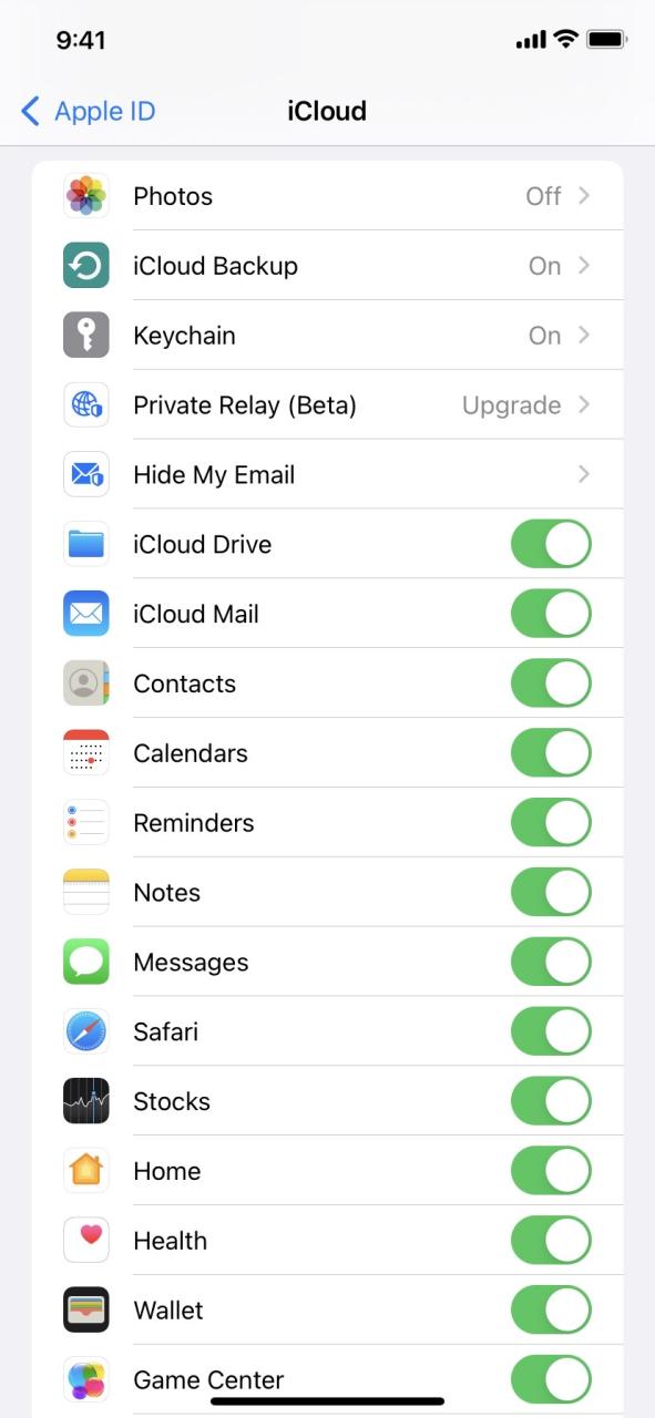 Configuración de iPhone iCloud con notas, calendarios, recordatorios, contraseñas y más habilitado