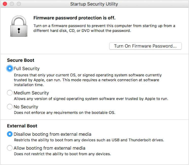Disco de inicio de Mac - Utilidad de seguridad de inicio