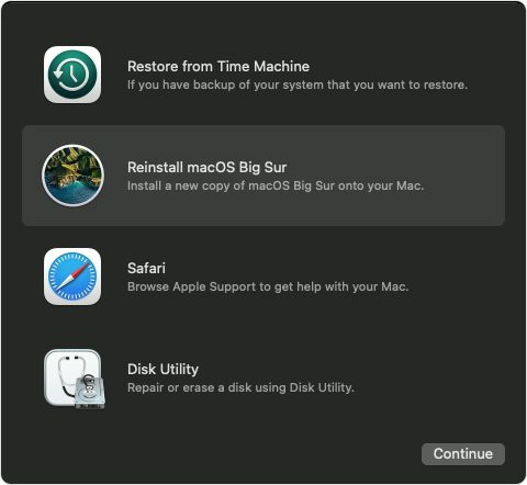 instalación limpia de macOS 11 Big Sur: la opción Reinstalar macOS Big Sur en Recuperación de macOS