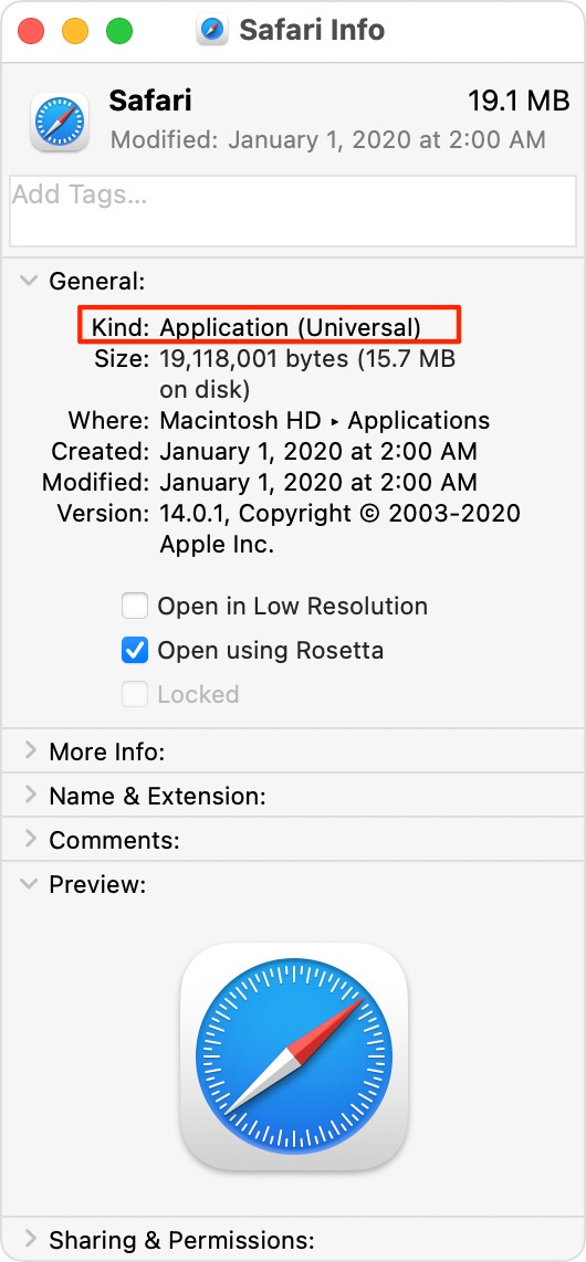 Emulación de Apple Rosetta 2: una captura de pantalla de Obtener información que destaca el tipo de aplicación