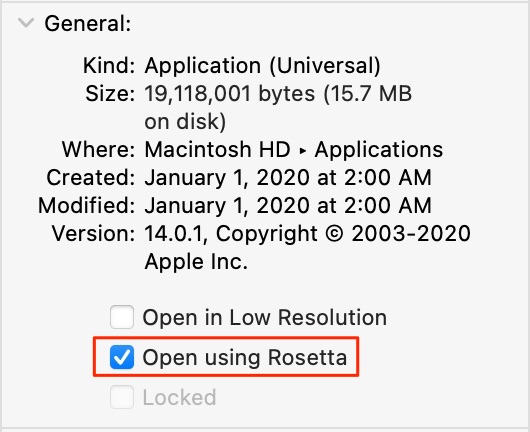 Emulación Apple Rosetta 2 - Obtener información con "Abrir usando Rosetta" seleccionado