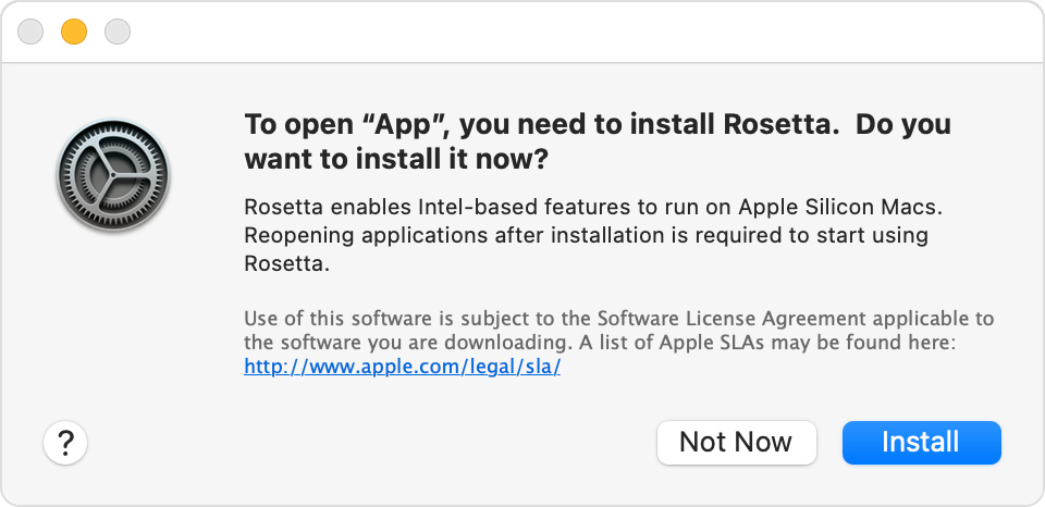 Emulación de Apple Rosetta 2: un cuadro de diálogo de macOS en Big Sur que solicita instalar el componente Rosetta