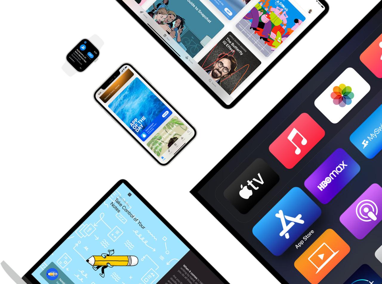 Una imagen teaser que muestra la App Store ejecutándose en múltiples dispositivos Apple como iPhone, iPad, Apple TV y Apple Watch
