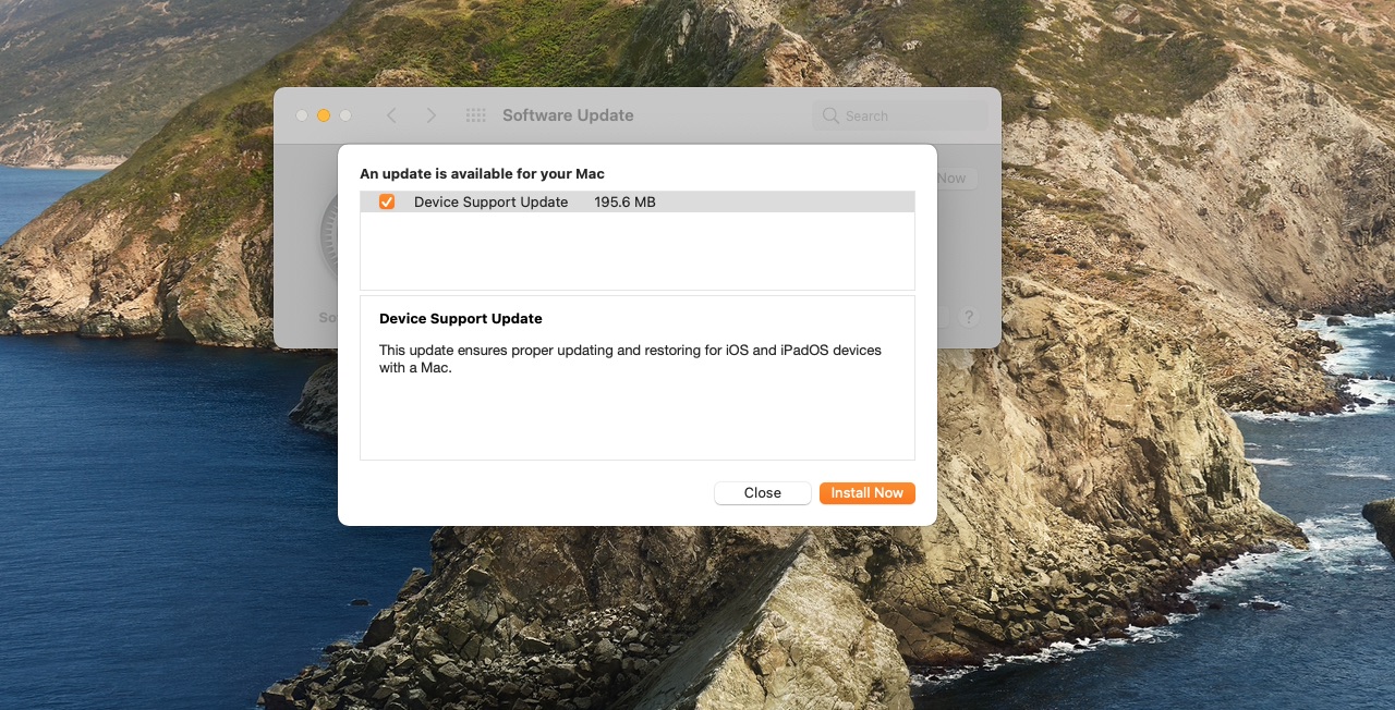 Una captura de pantalla que muestra la función Actualización de software en macOS Big Sur que muestra detalles sobre la Actualización de soporte de dispositivos de Apple