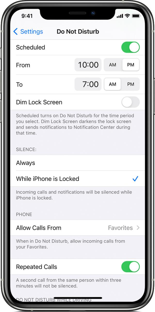 Captura de pantalla de iPhone que muestra la configuración de No molestar en el software iOS 17 de Apple
