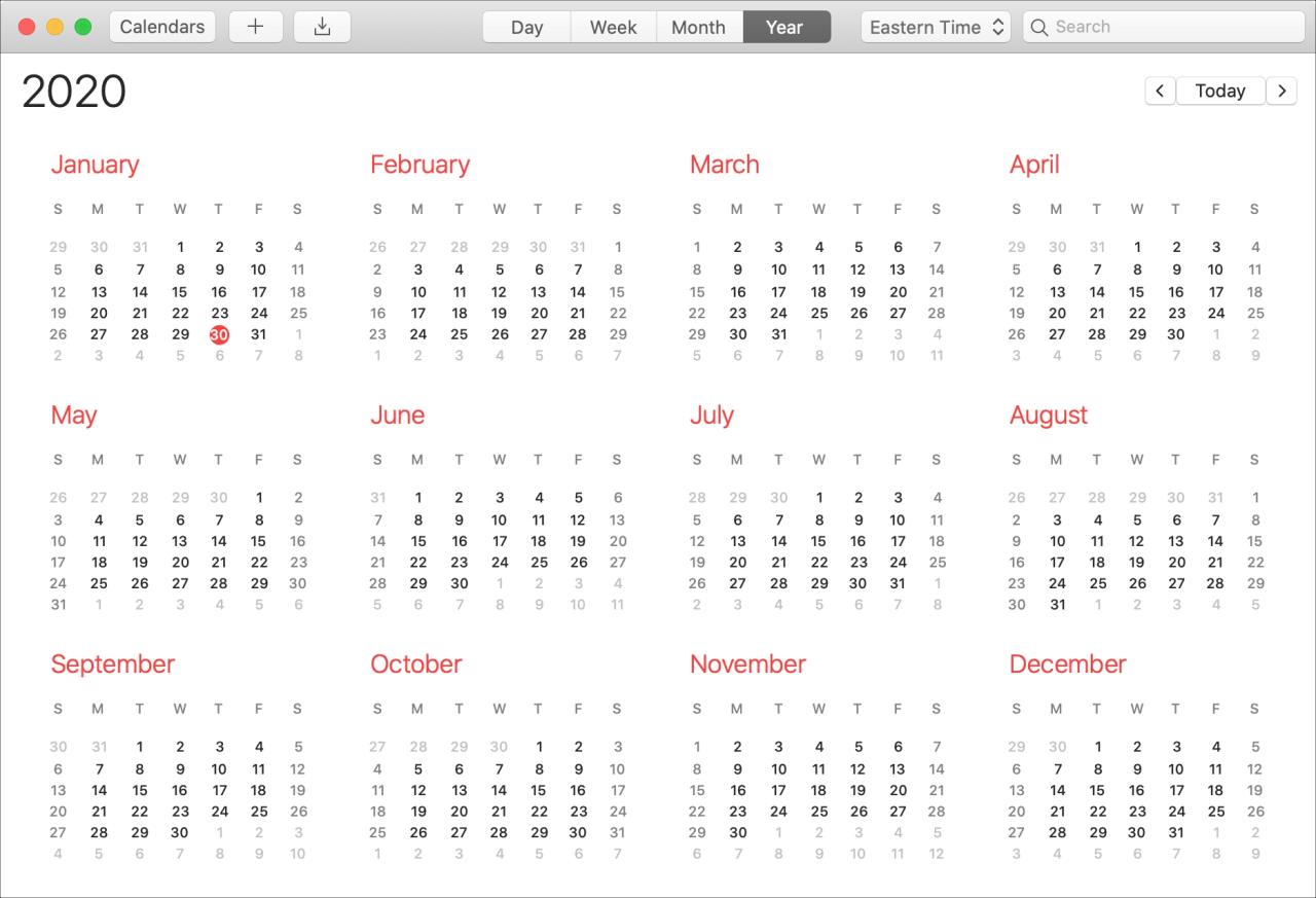 Calendario Mac Vista de año