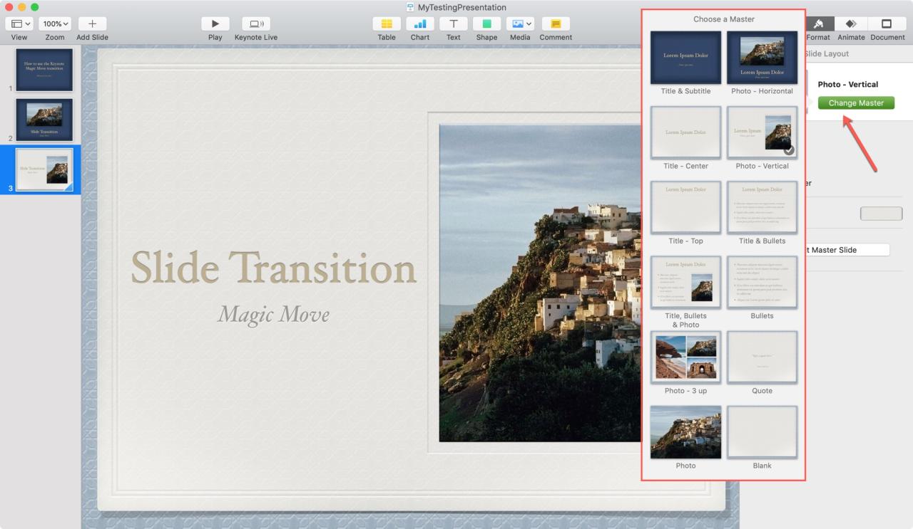 Cambiar el diseño de diapositivas de Keynote en Mac