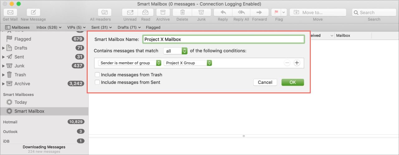 Buzón inteligente creado en Mail en Mac