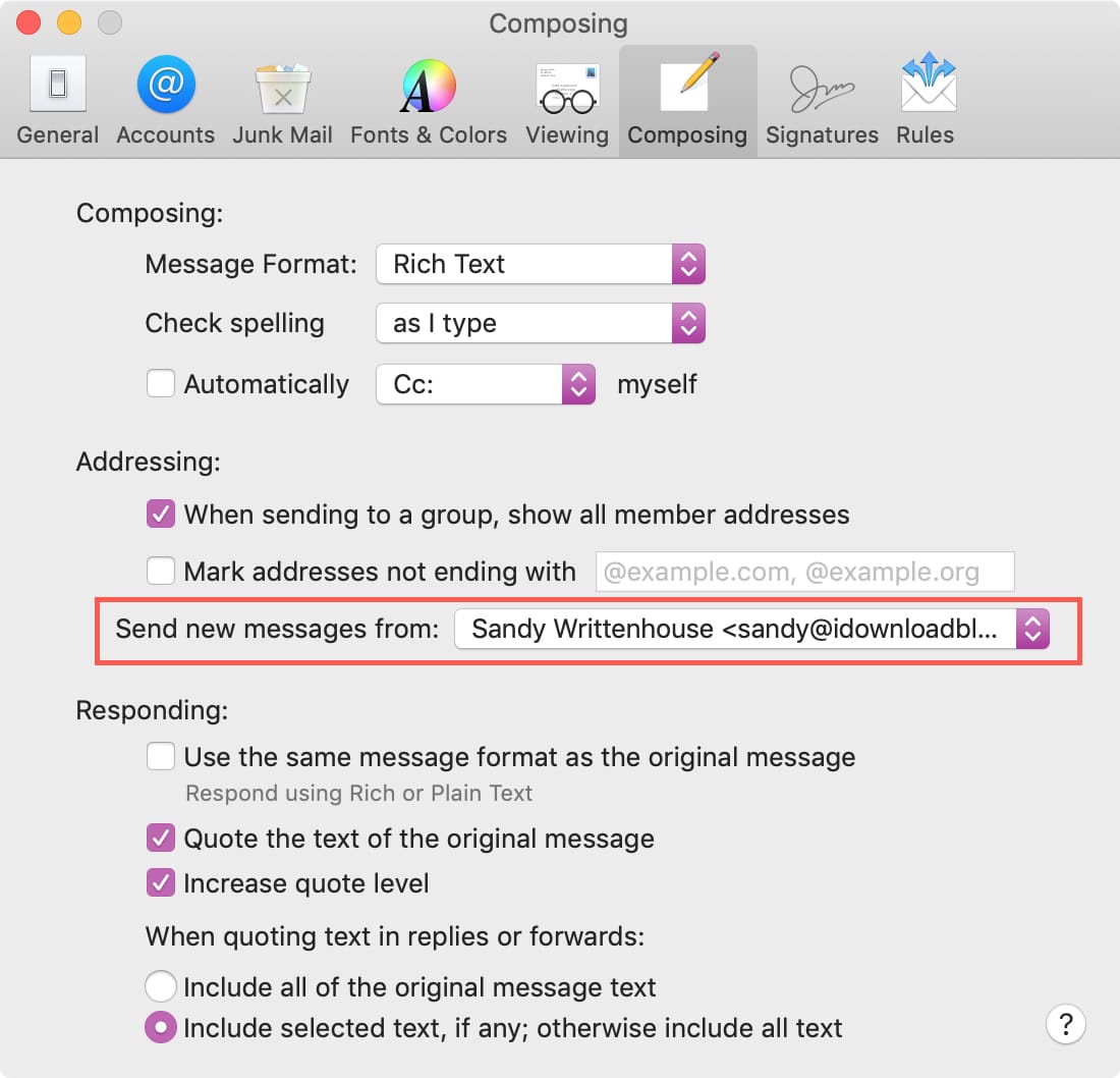 Cuenta de correo electrónico predeterminada en Mac