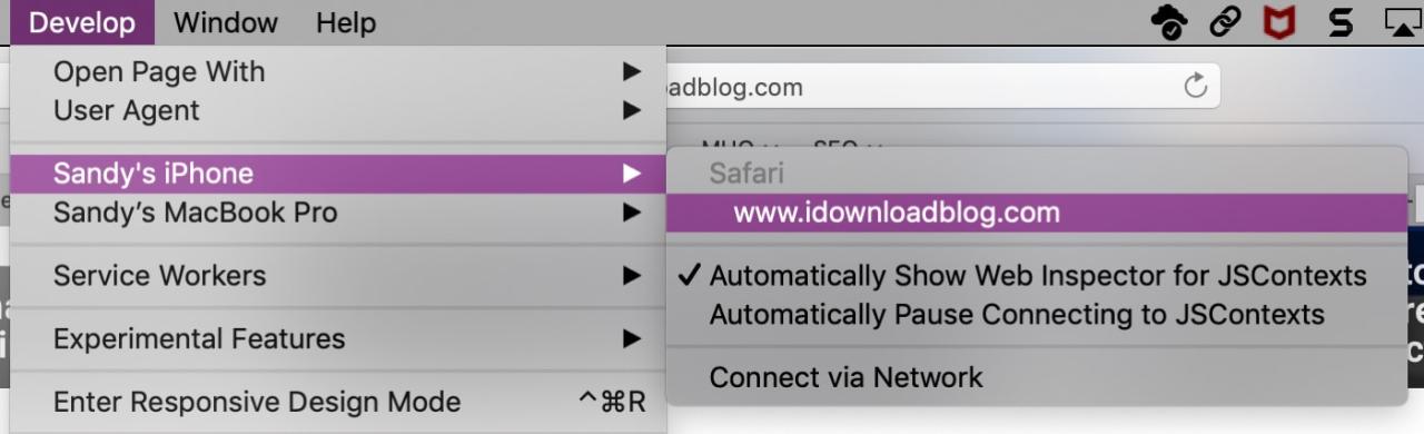 que es el inspector web de safari Desarrollar menú para iPhone en Safari en Mac