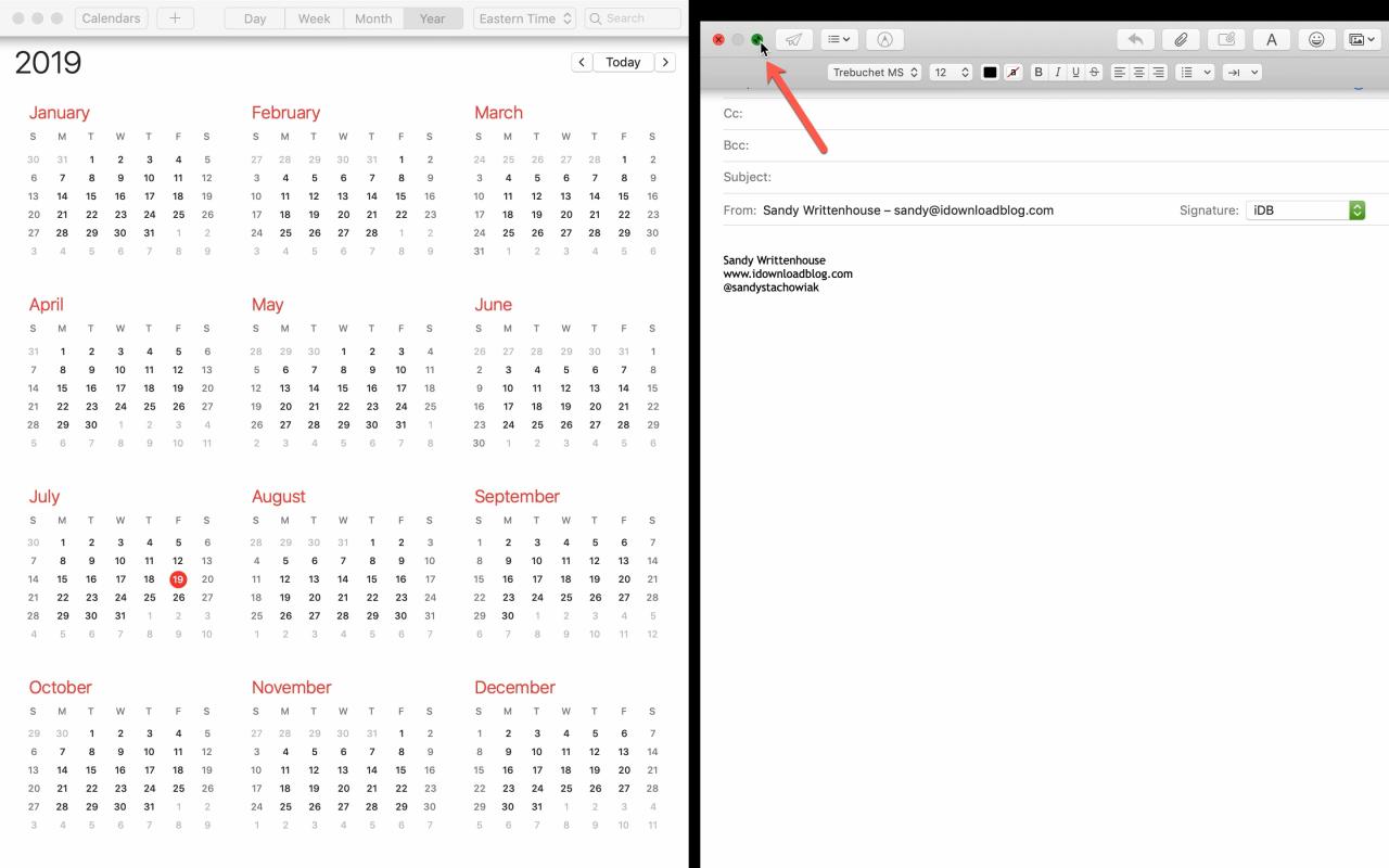 Salir del calendario de correo electrónico de Mac en pantalla dividida