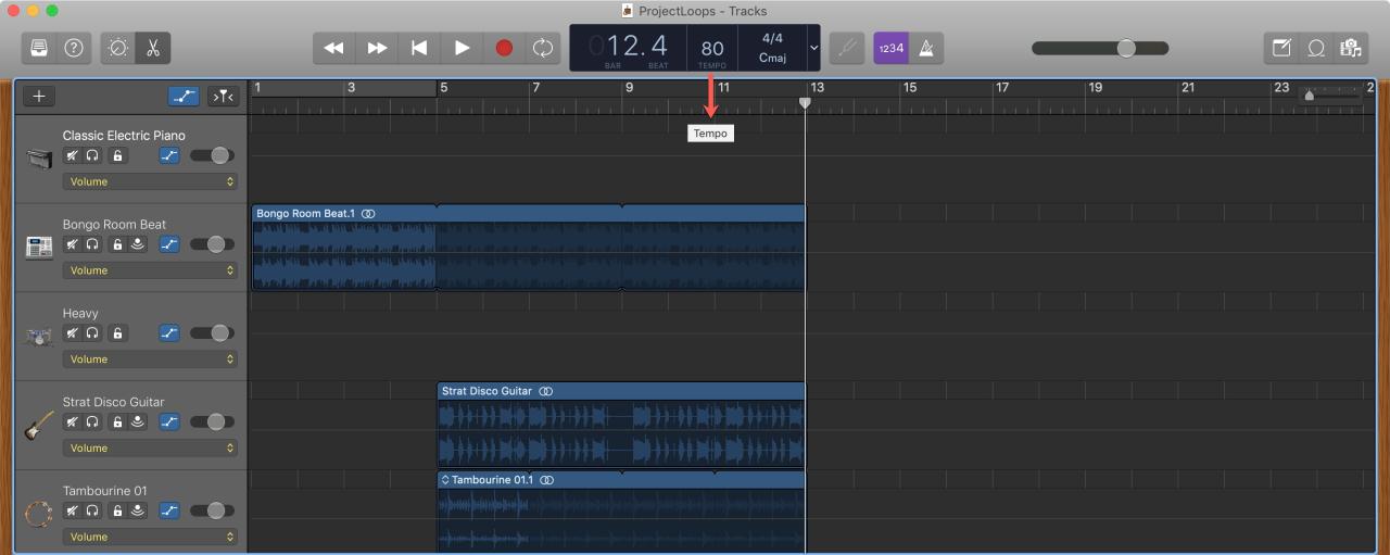 GarageBand Cambiar tempo Mac