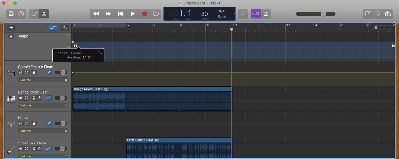 GarageBand Cambiar pista de tempo Mac