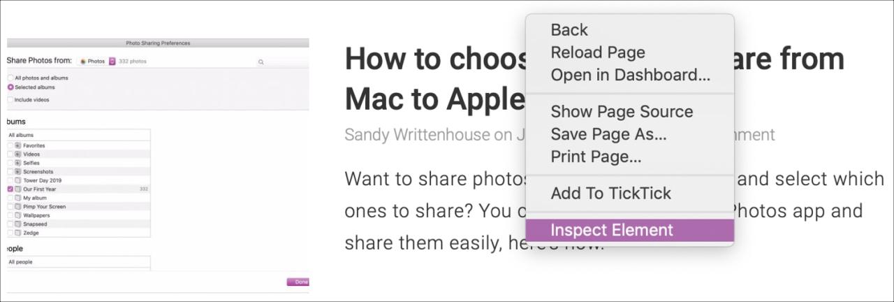 Inspeccionar acceso directo a elemento en Safari en Mac
