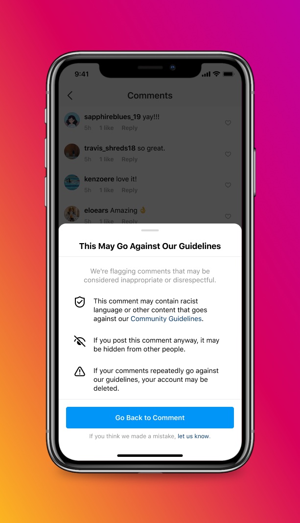 Una captura de pantalla de iPhone que muestra la advertencia de Instagram al intentar publicar un comentario potencialmente ofensivo