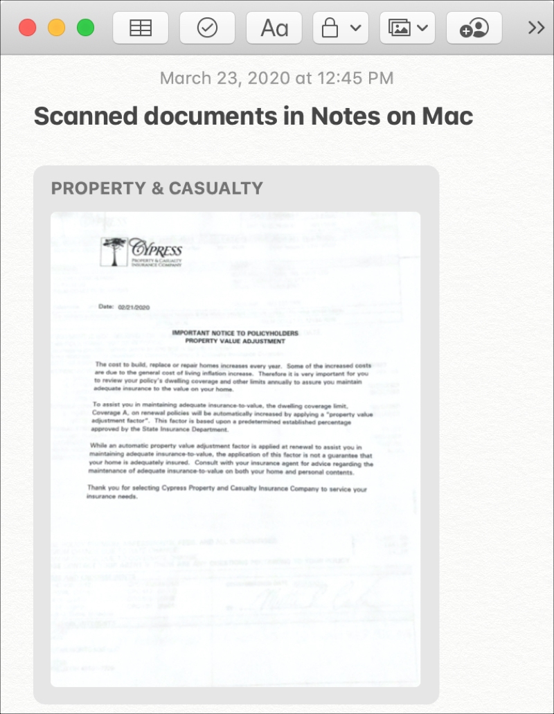Documento escaneado de Mac Notes desde iPhone