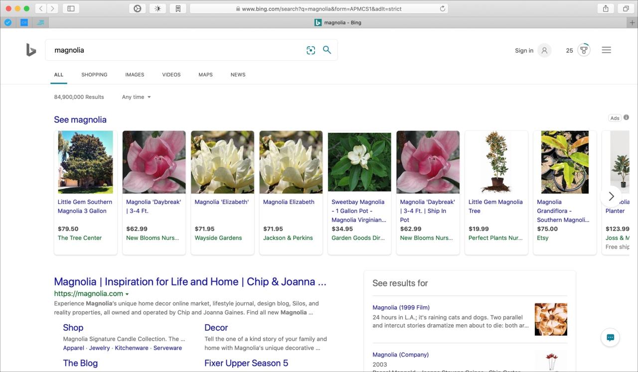 Resultados de búsqueda de Magnolia en Bing